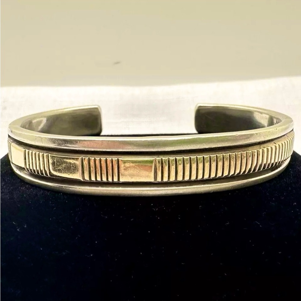 Vintage Bruce Morgan 14k Gold & Sterling Silver Navajo Etched Cuff Bracelet